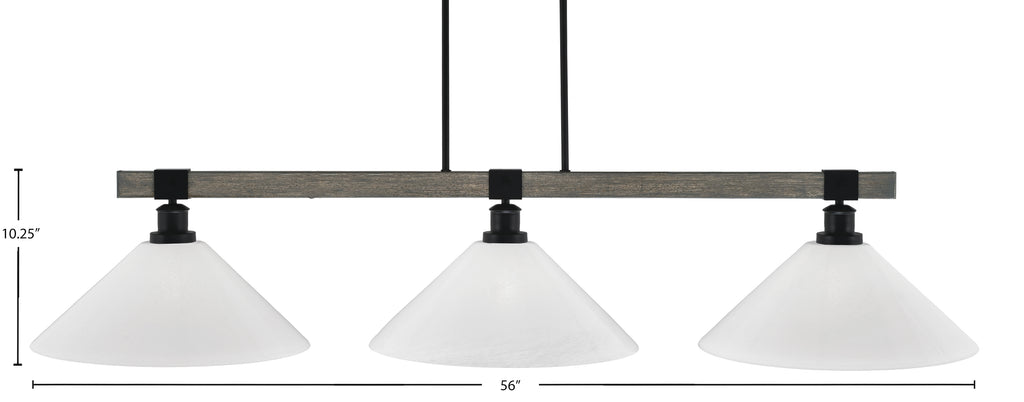Tacoma Three Light Bar in Matte Black & Painted Distressed Wood-look Metal with 16" White Marble Shade