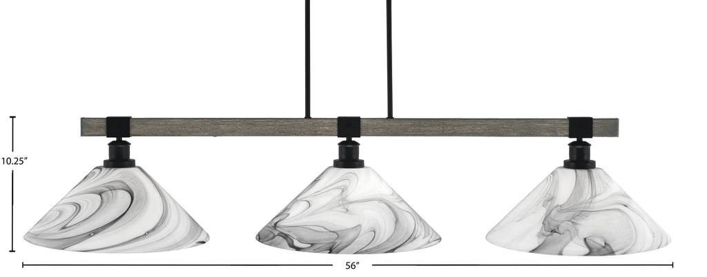 Tacoma Three Light Bar in Matte Black & Painted Distressed Wood-look Metal with 16" Onyx Swirl Shade