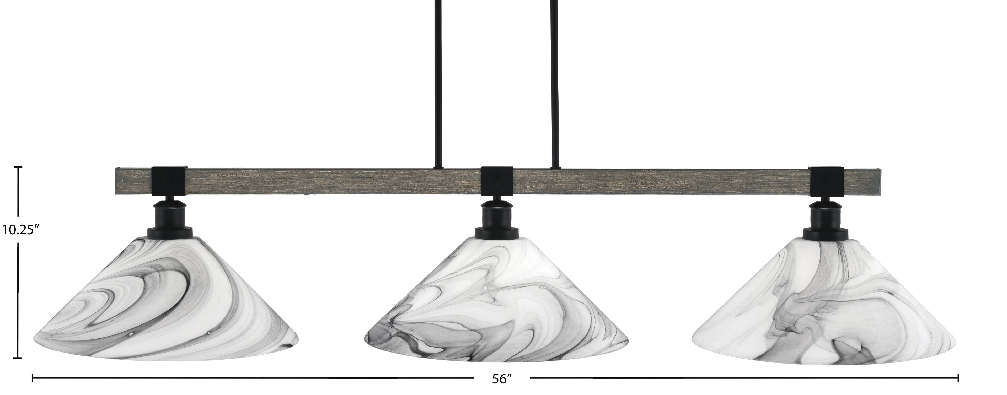 Tacoma Three Light Bar in Matte Black & Painted Distressed Wood-look Metal with 16" Onyx Swirl Shade