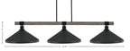 Tacoma Three Light Bar in Matte Black & Painted Distressed Wood-look Metal with 14" Matte Black Cone Metal Shade Shade