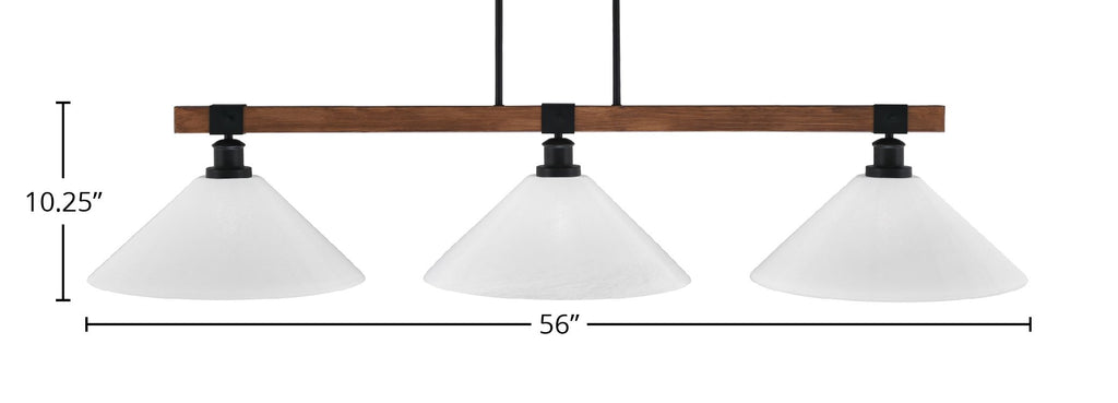 Tacoma Three Light Bar in Matte Black & Painted Wood-look Metal with 16" White Marble Shade