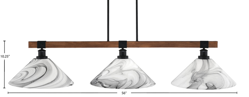 Tacoma Three Light Bar in Matte Black & Painted Wood-look Metal with 16" Onyx Swirl Shade