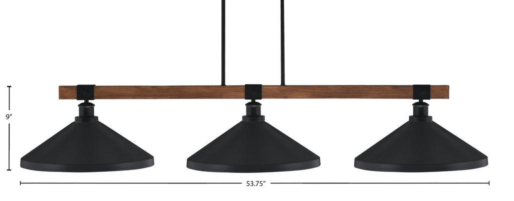 Tacoma Three Light Bar in Matte Black & Painted Wood-look Metal with 14" Matte Black Cone Metal Shade Shade
