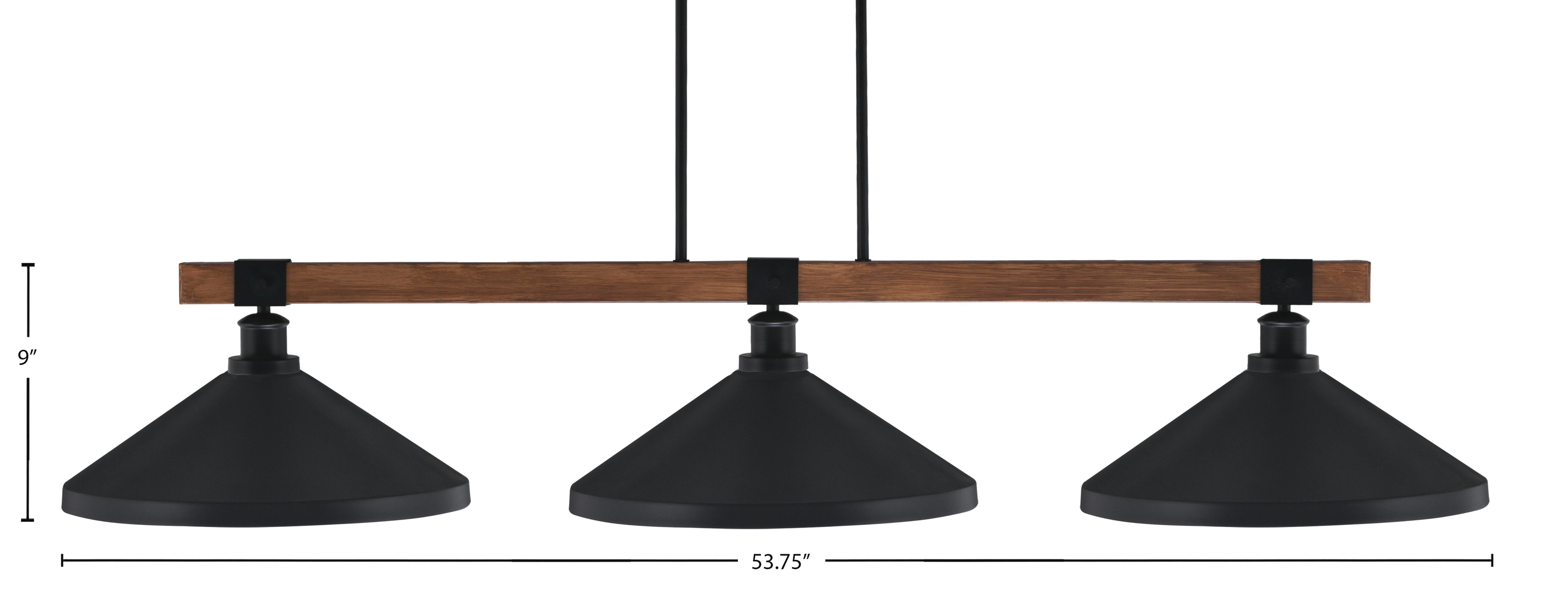 Tacoma Three Light Bar in Matte Black & Painted Wood-look Metal with 14" Matte Black Cone Metal Shade Shade