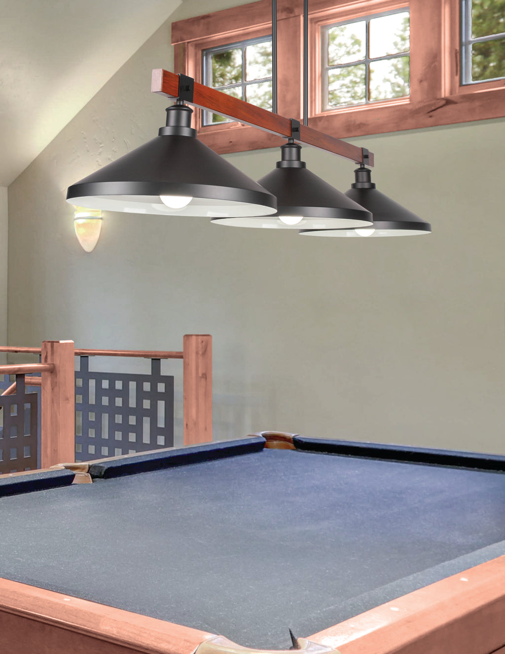 Tacoma Three Light Bar in Matte Black & Painted Wood-look Metal with 14" Matte Black Cone Metal Shade Shade