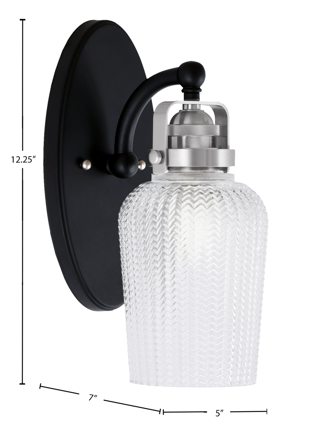 Easton One Light Wall Sconce in Matte Black & Brushed Nickel with 5" Clear Textured Shade