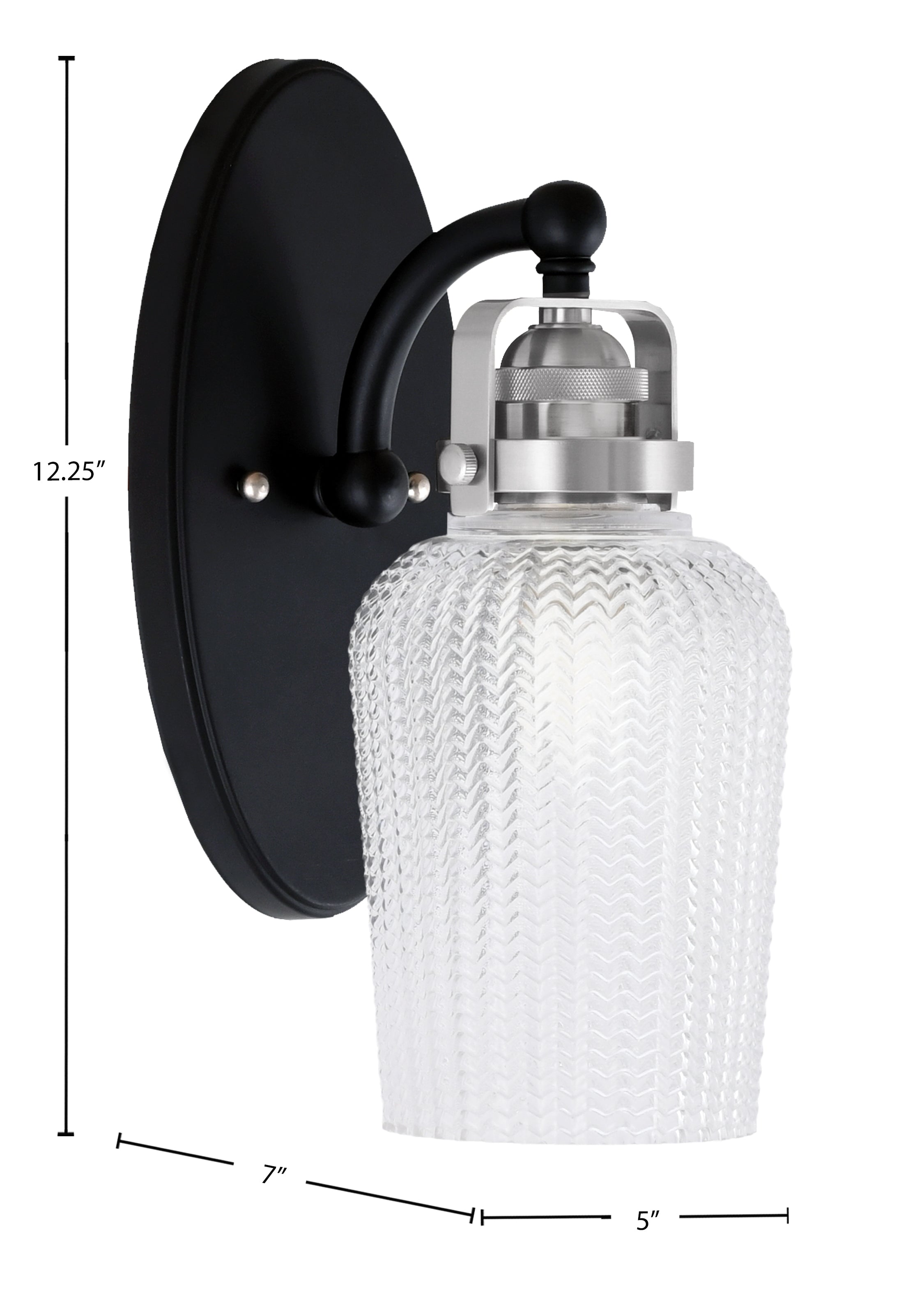 Easton One Light Wall Sconce in Matte Black & Brushed Nickel with 5" Clear Textured Shade
