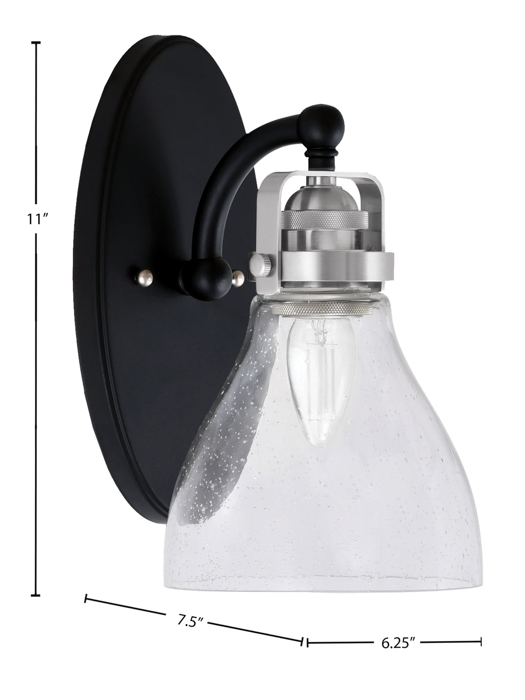 Easton One Light Wall Sconce in Matte Black & Brushed Nickel with 6.25" Clear Bubble Shade