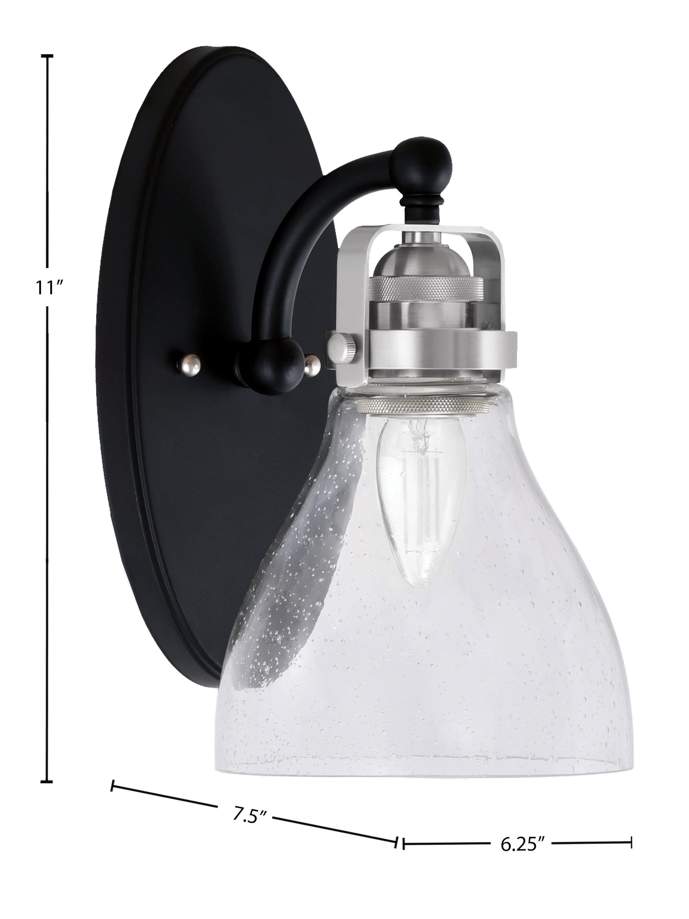 Easton One Light Wall Sconce in Matte Black & Brushed Nickel with 6.25" Clear Bubble Shade
