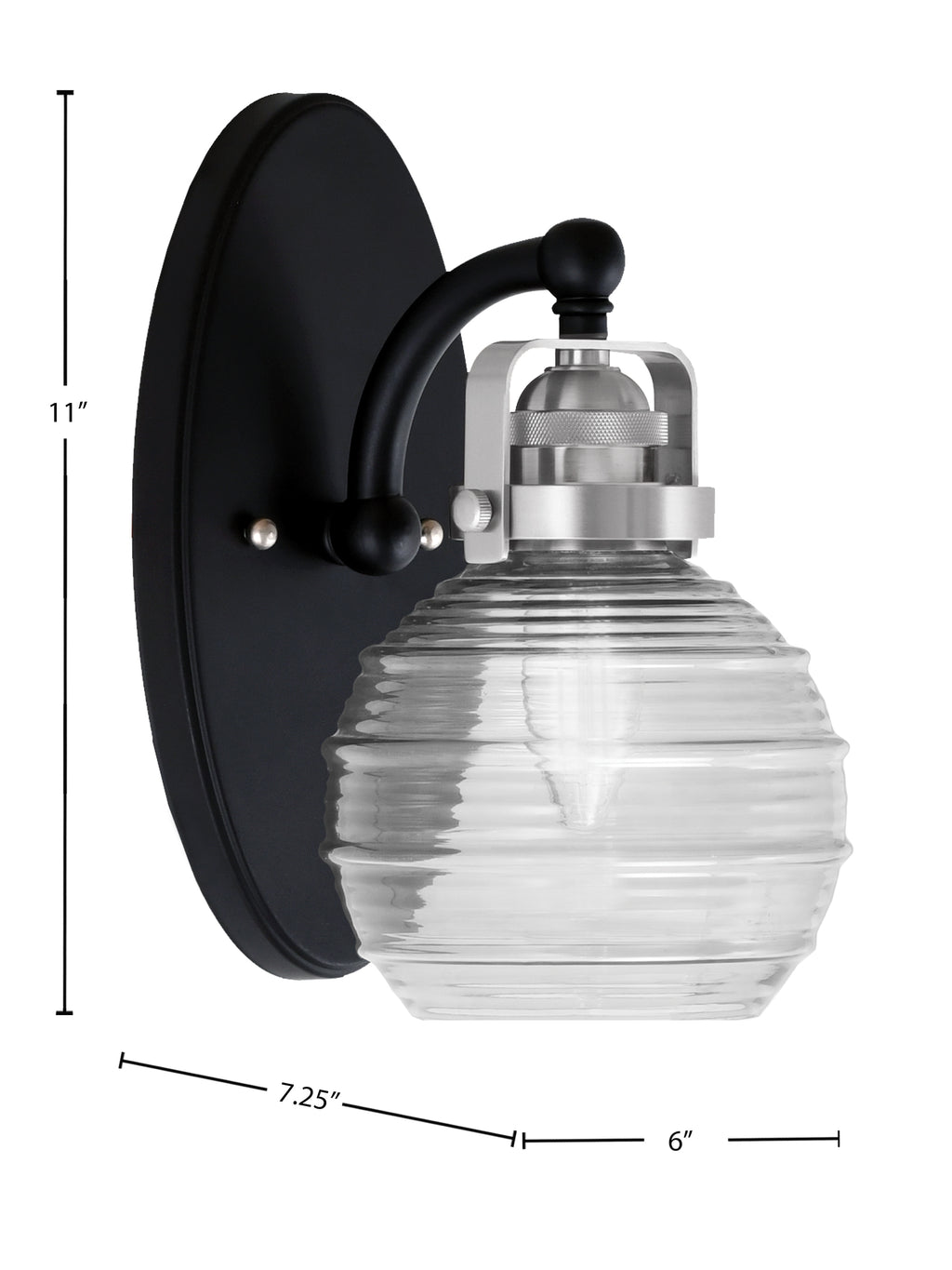 Easton One Light Wall Sconce in Matte Black & Brushed Nickel with 6" Clear Ribbed Shade