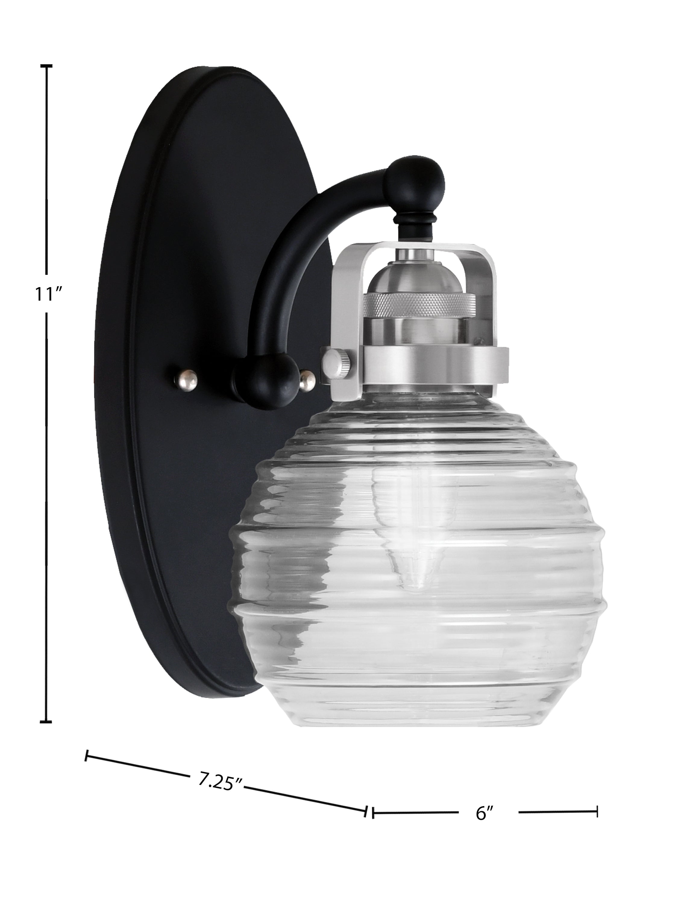 Easton One Light Wall Sconce in Matte Black & Brushed Nickel with 6" Clear Ribbed Shade