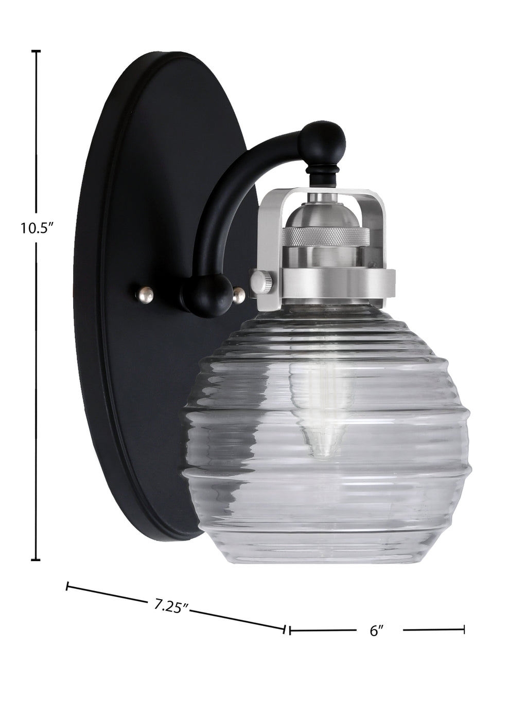 Easton One Light Wall Sconce in Matte Black & Brushed Nickel with 6" Smoke Ribbed Shade