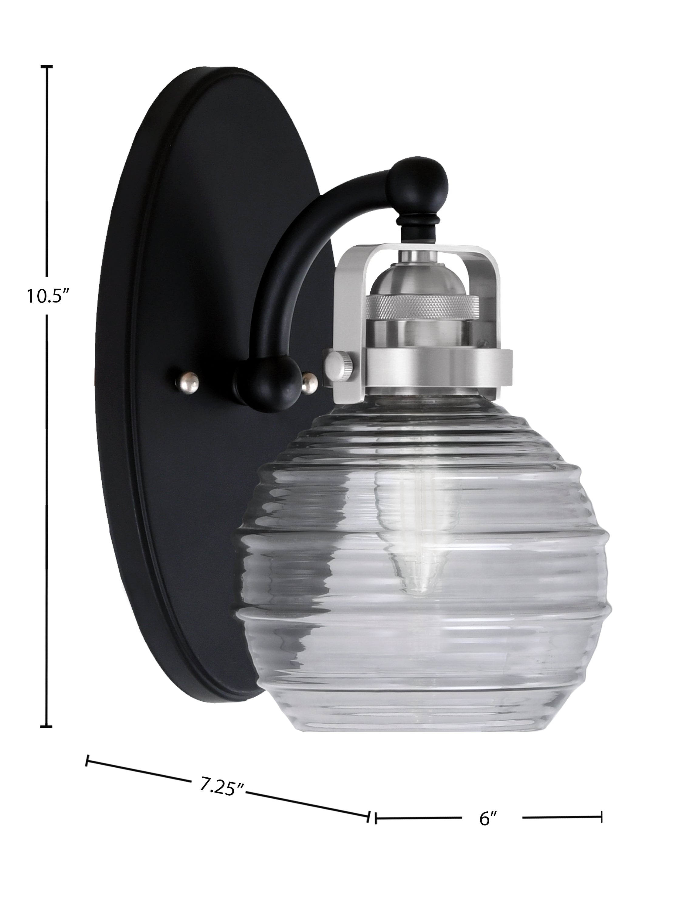 Easton One Light Wall Sconce in Matte Black & Brushed Nickel with 6" Smoke Ribbed Shade