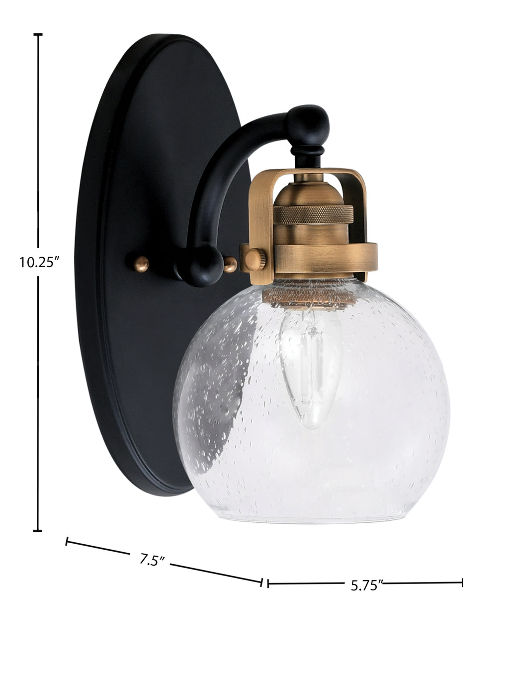 Easton One Light Wall Sconce in Matte Black & Brass with 5.75" Clear Bubble Shade