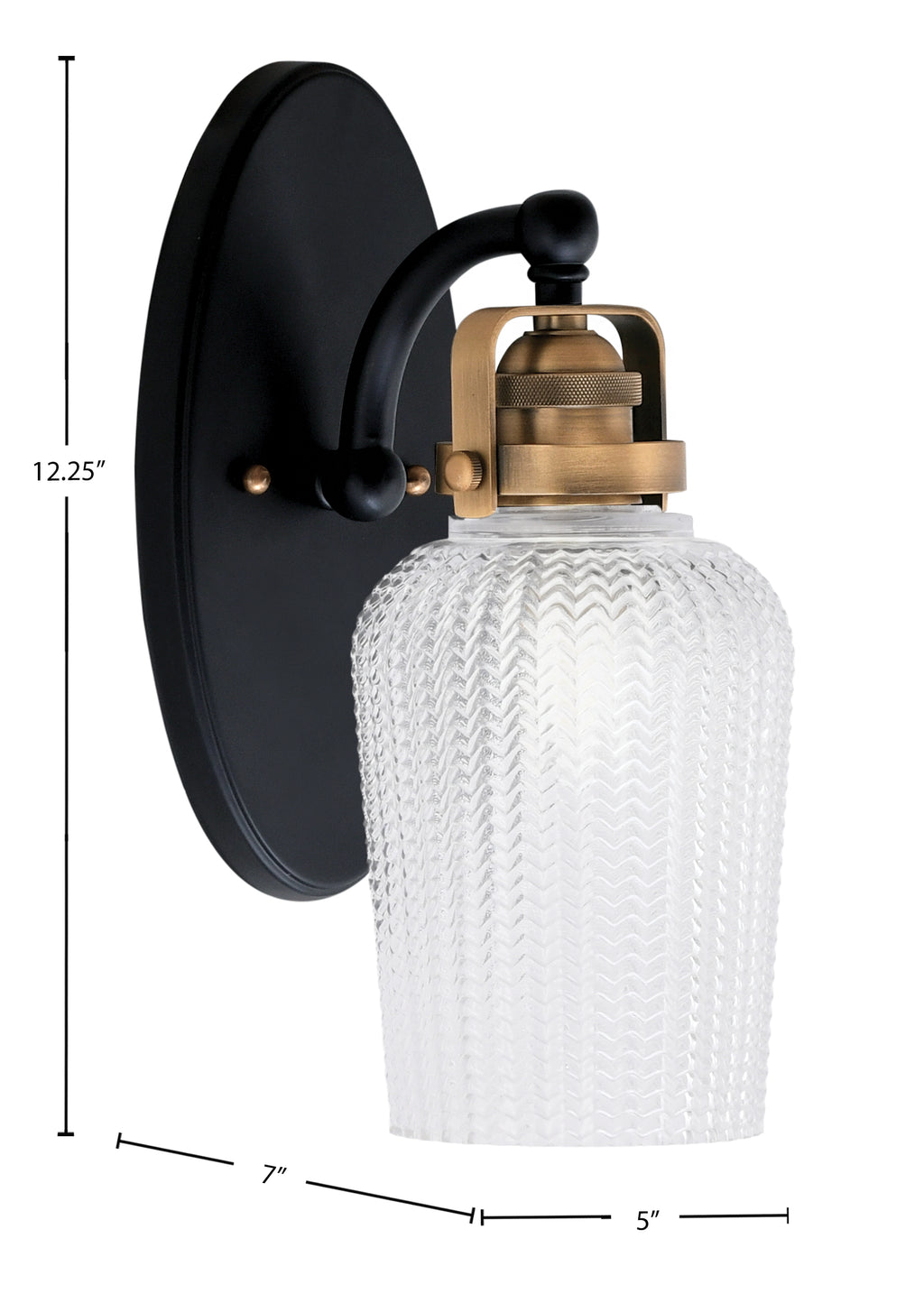 Easton One Light Wall Sconce in Matte Black & Brass with 5" Clear Textured Shade