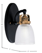 Easton One Light Wall Sconce in Matte Black & Brass with 5" Clear Ribbed Shade