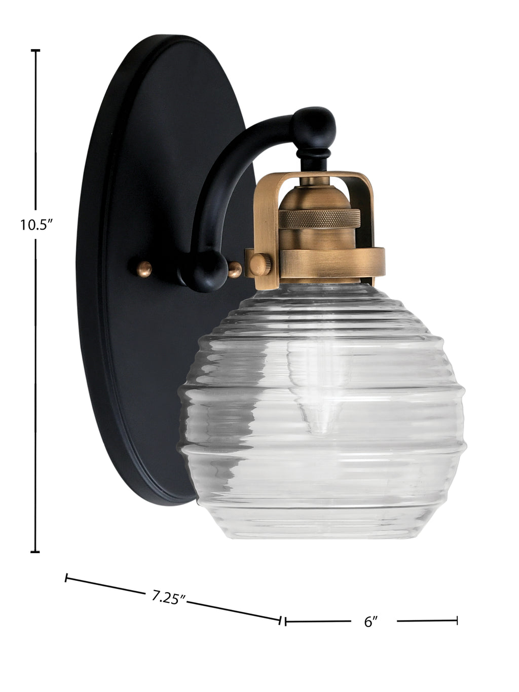 Easton One Light Wall Sconce in Matte Black & Brass with 6" Clear Ribbed Shade