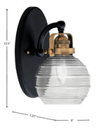 Easton One Light Wall Sconce in Matte Black & Brass with 6" Clear Ribbed Shade