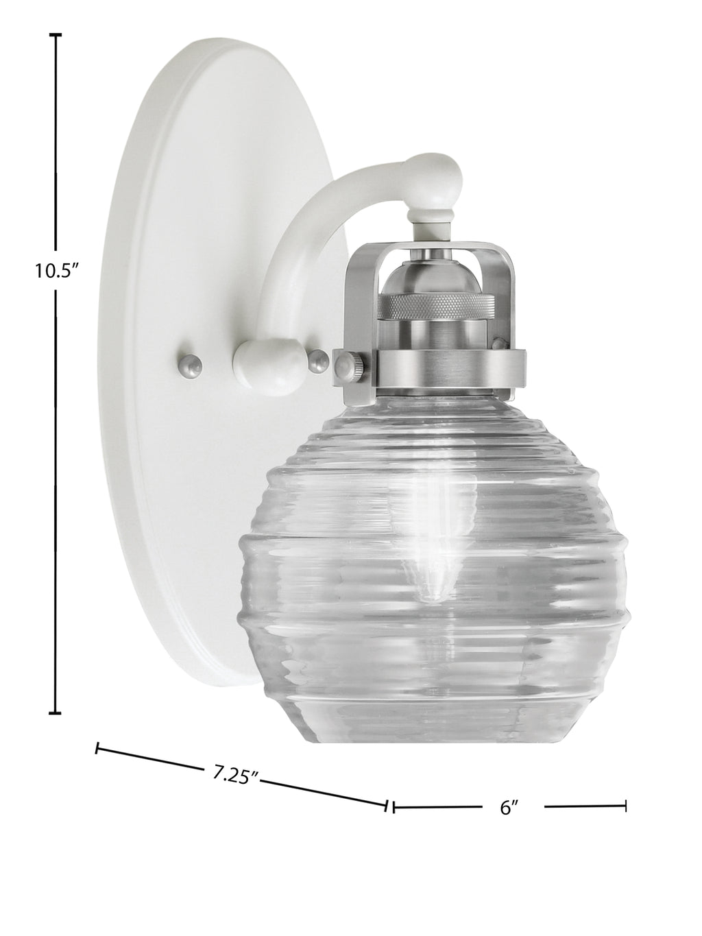 Easton One Light Wall Sconce in White & Brushed Nickel with 6" Clear Ribbed Shade