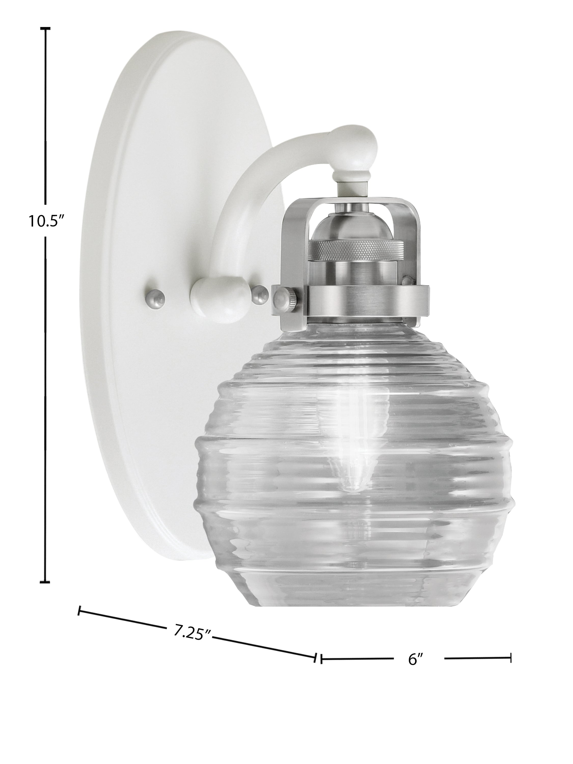 Easton One Light Wall Sconce in White & Brushed Nickel with 6" Clear Ribbed Shade
