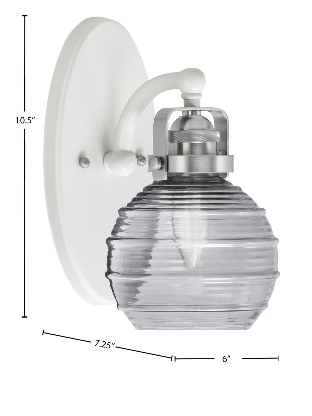 Easton One Light Wall Sconce in White & Brushed Nickel with 6" Smoke Ribbed Shade