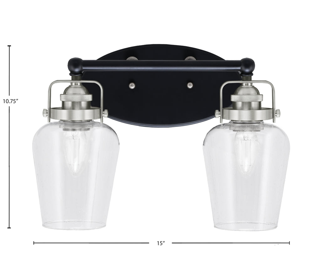 Easton Two Light Bath Bar in Matte Black & Brushed Nickel with 5" Clear Bubble Shade