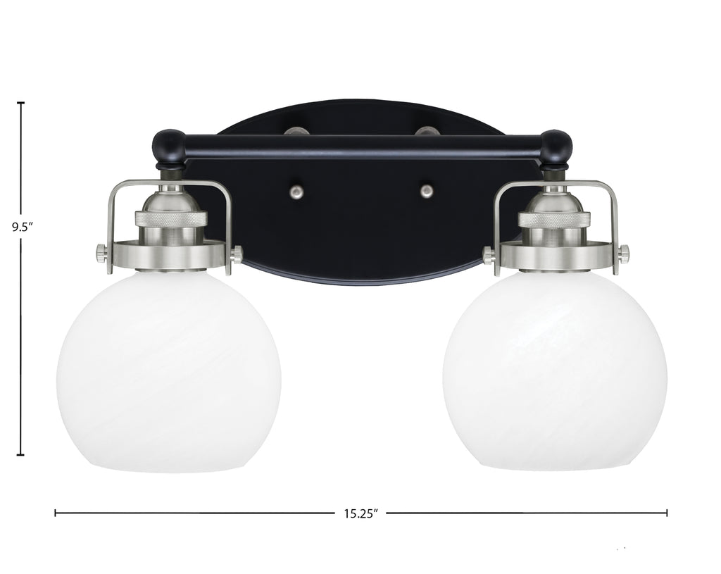 Easton Two Light Bath Bar in Matte Black & Brushed Nickel with 5.75" White Marble Shade