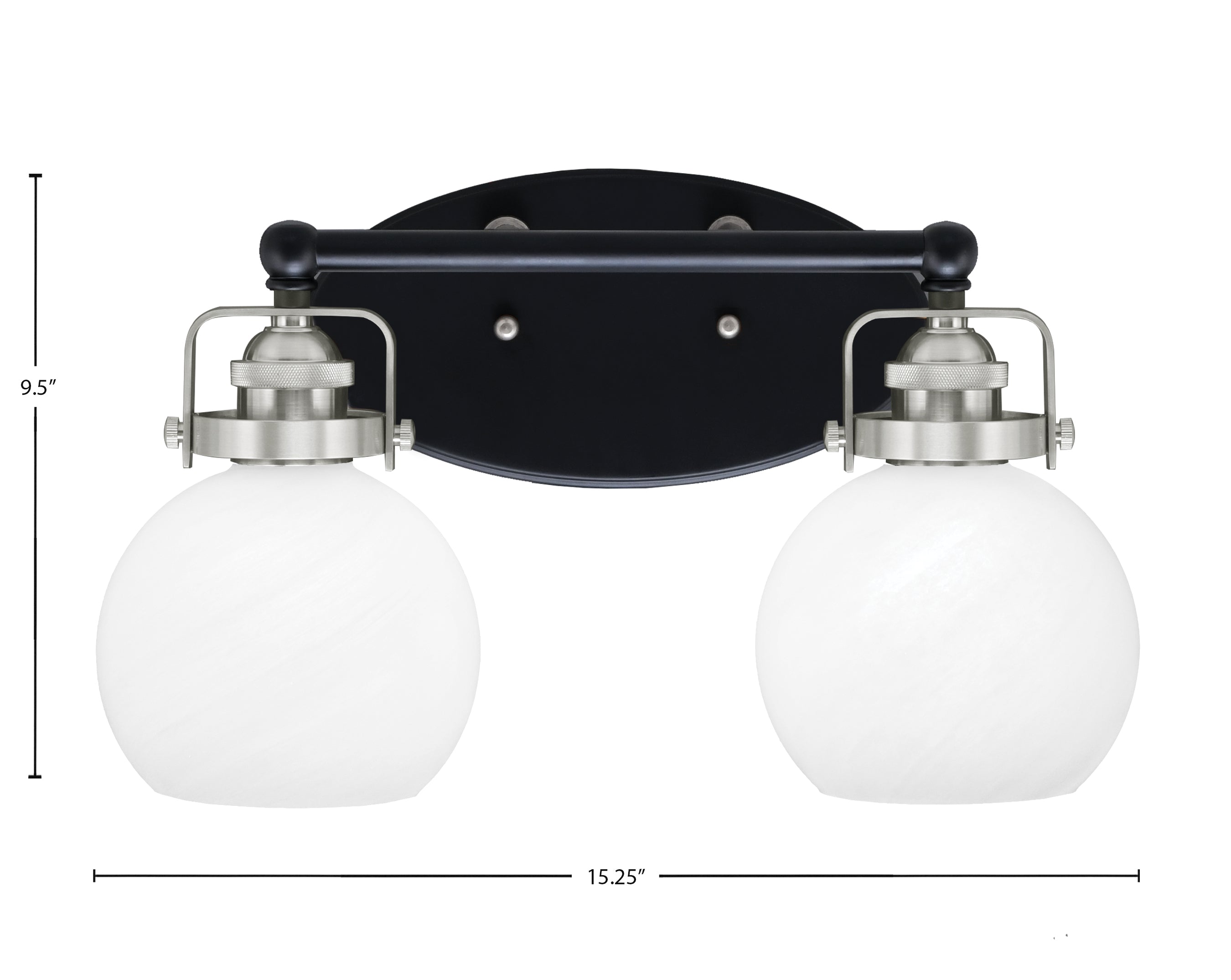 Easton Two Light Bath Bar in Matte Black & Brushed Nickel with 5.75" White Marble Shade