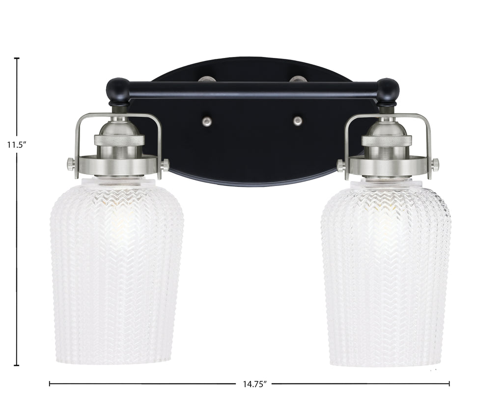 Easton Two Light Bath Bar in Matte Black & Brushed Nickel with 5" Clear Textured Shade