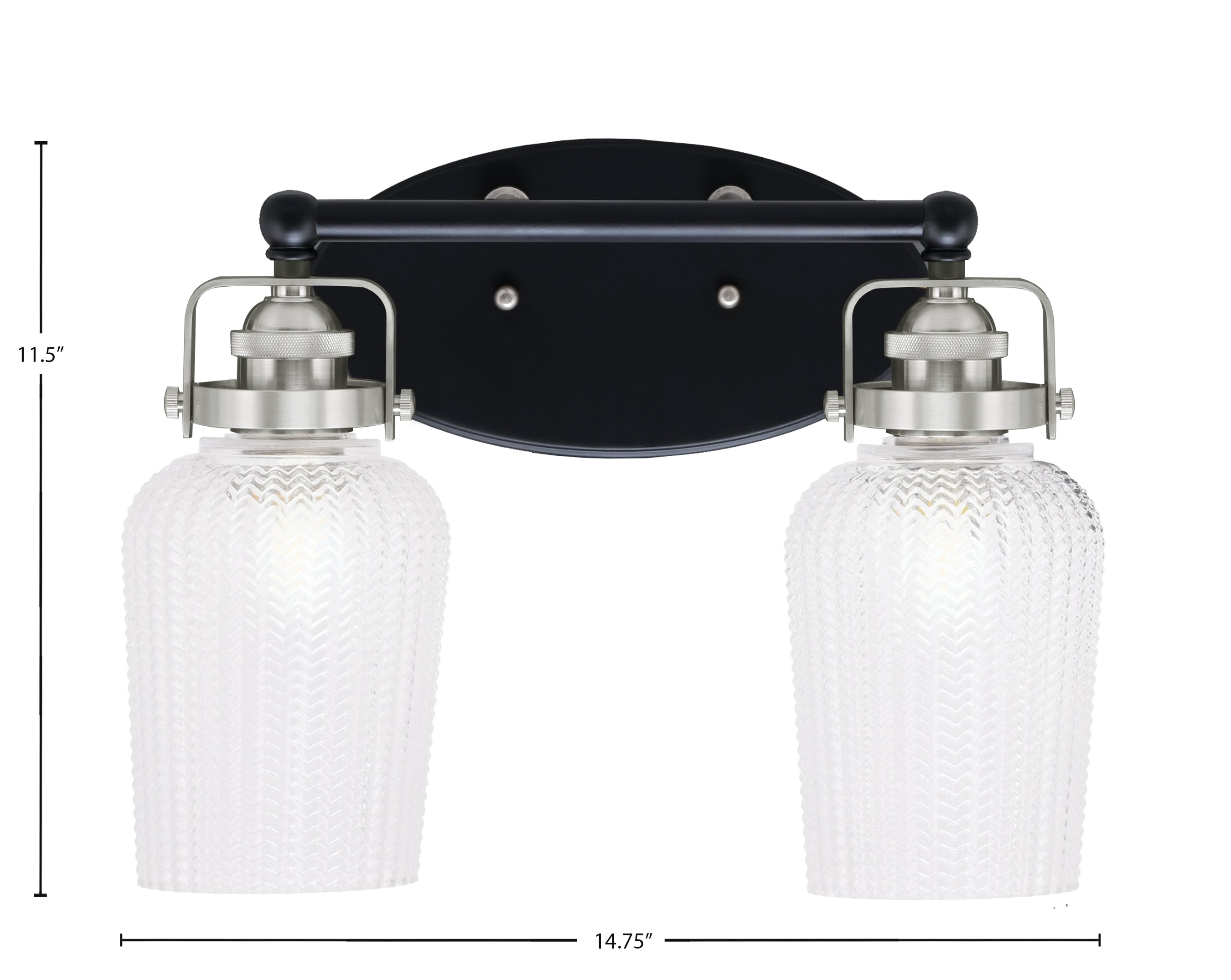 Easton Two Light Bath Bar in Matte Black & Brushed Nickel with 5" Clear Textured Shade