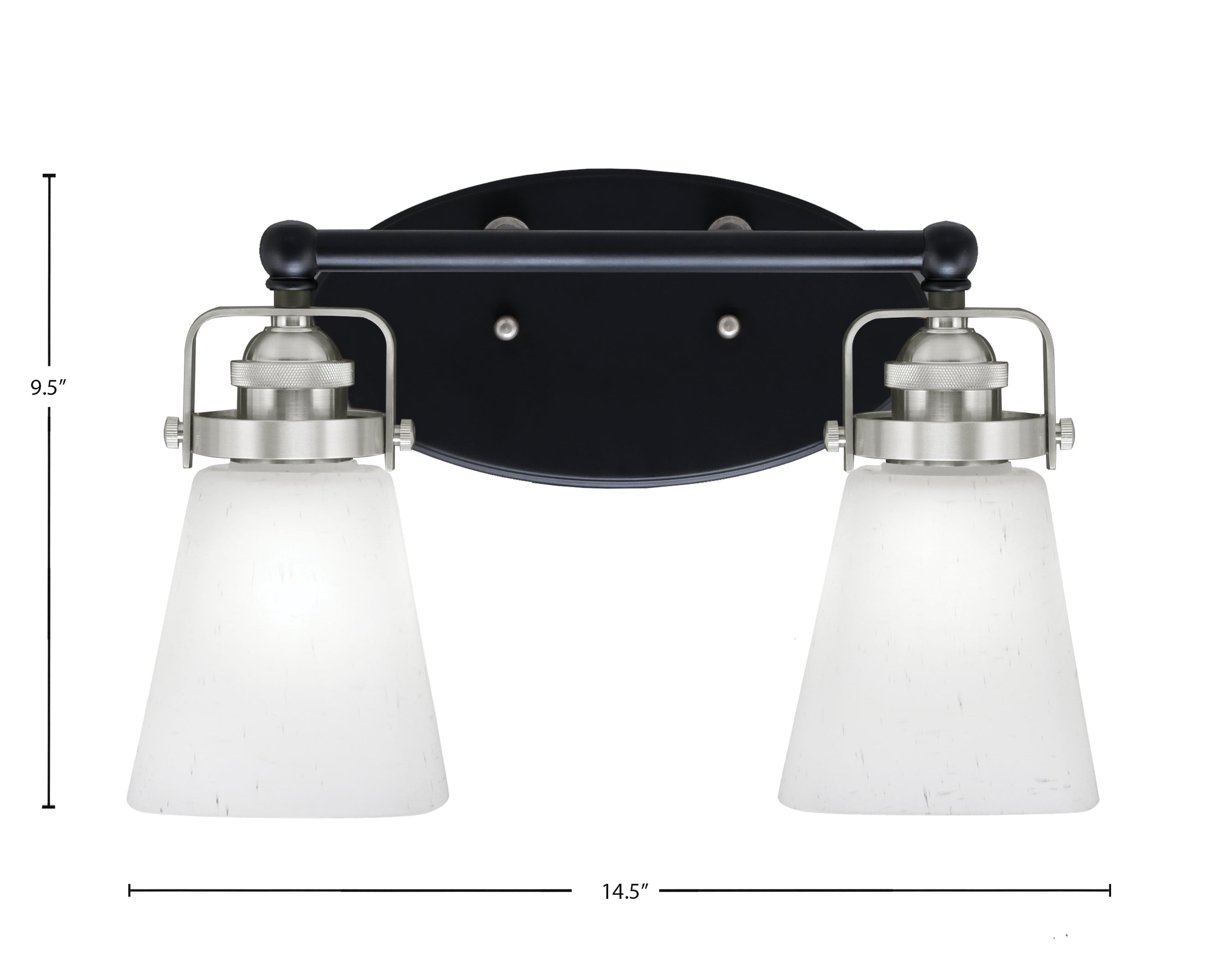Easton Two Light Bath Bar in Matte Black & Brushed Nickel with 4.5" Square White Muslin Shade