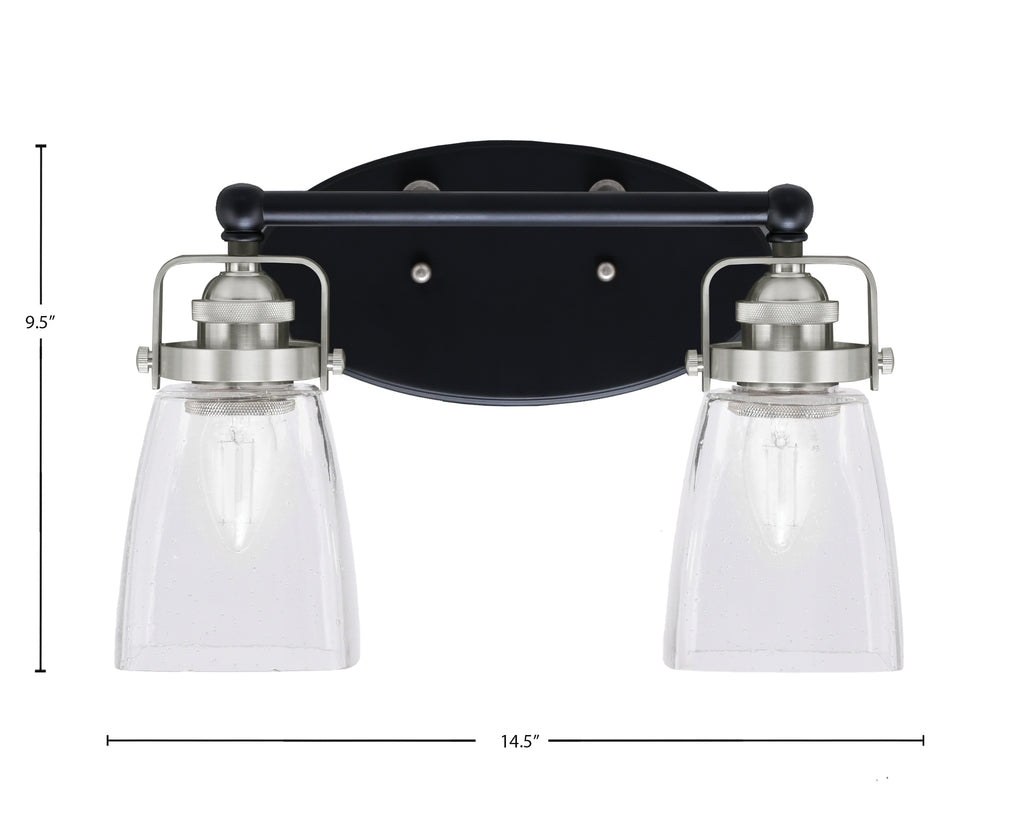 Easton Two Light Bath Bar in Matte Black & Brushed Nickel with 4.5" Square Clear Bubble Shade