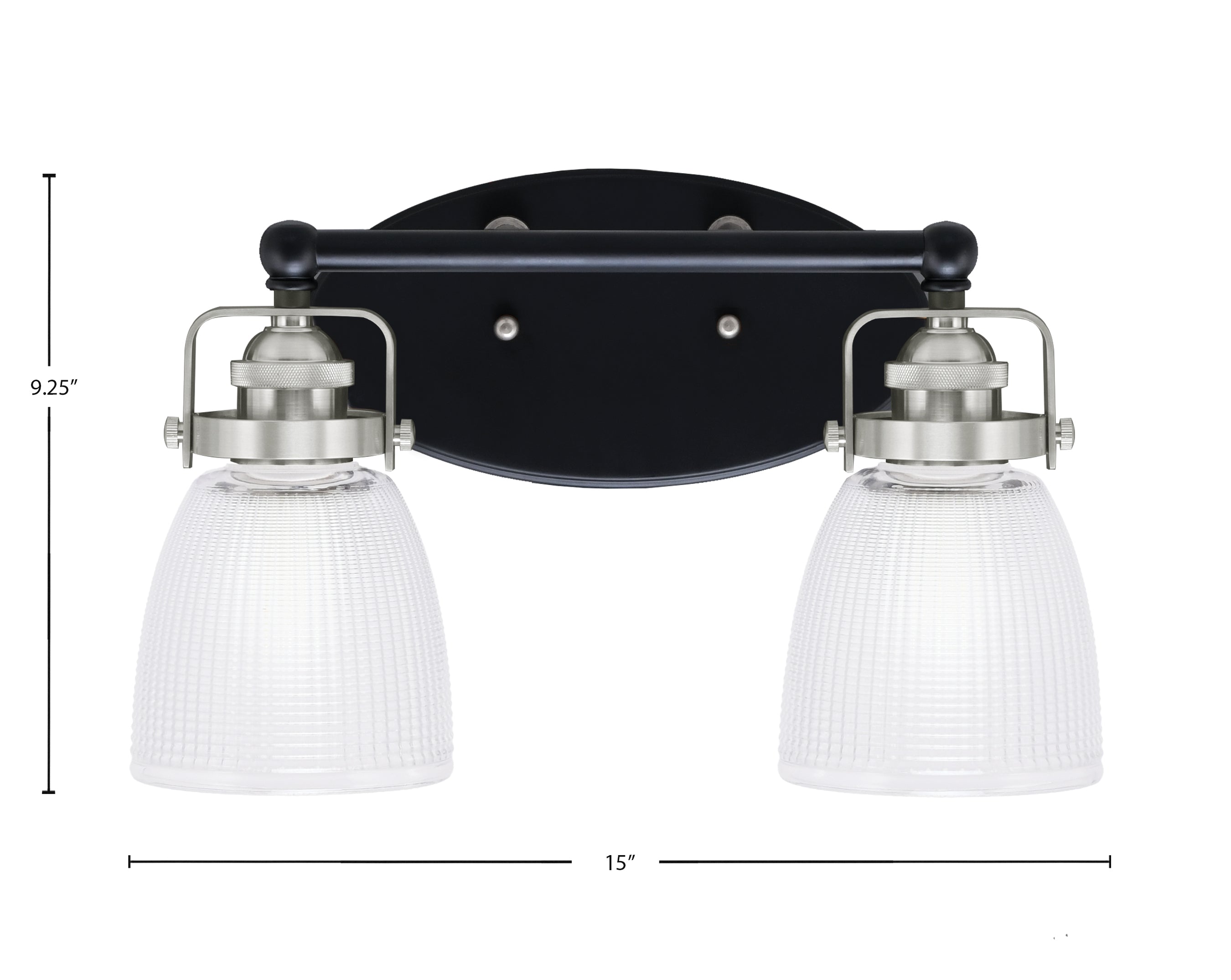 Easton Two Light Bath Bar in Matte Black & Brushed Nickel with 5" Clear Ribbed Shade