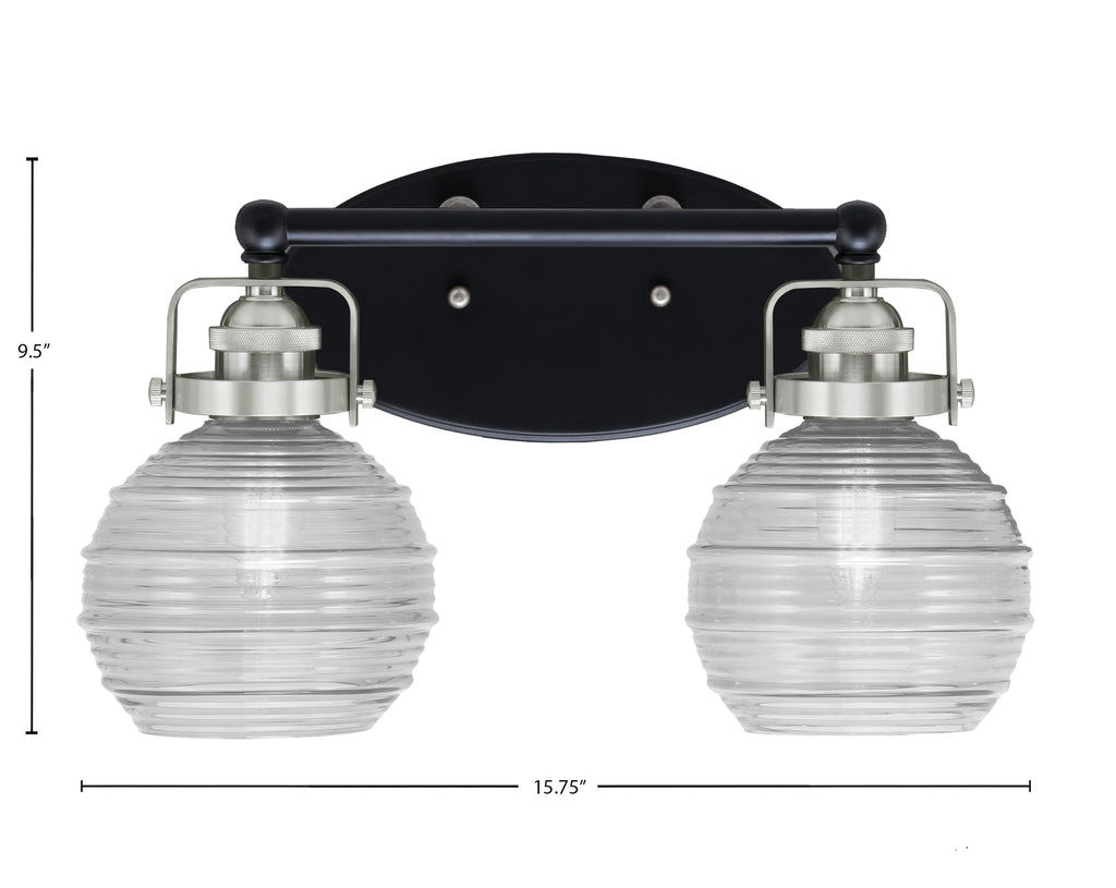 Easton Two Light Bath Bar in Matte Black & Brushed Nickel with 6" Clear Ribbed Shade
