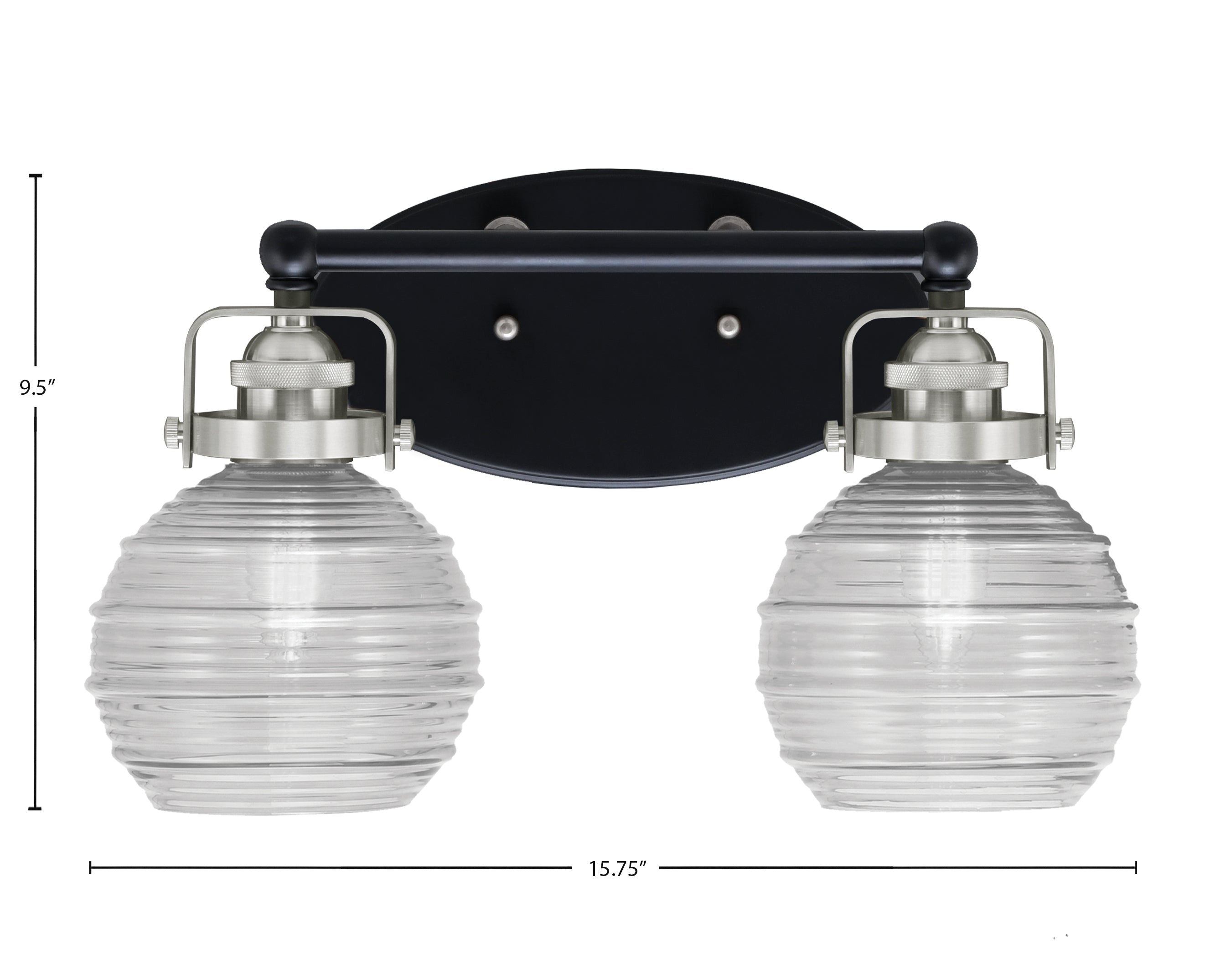 Easton Two Light Bath Bar in Matte Black & Brushed Nickel with 6" Clear Ribbed Shade