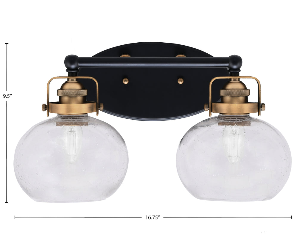 Easton Two Light Bath Bar in Matte Black & Brass with 7" Clear Bubble Shade