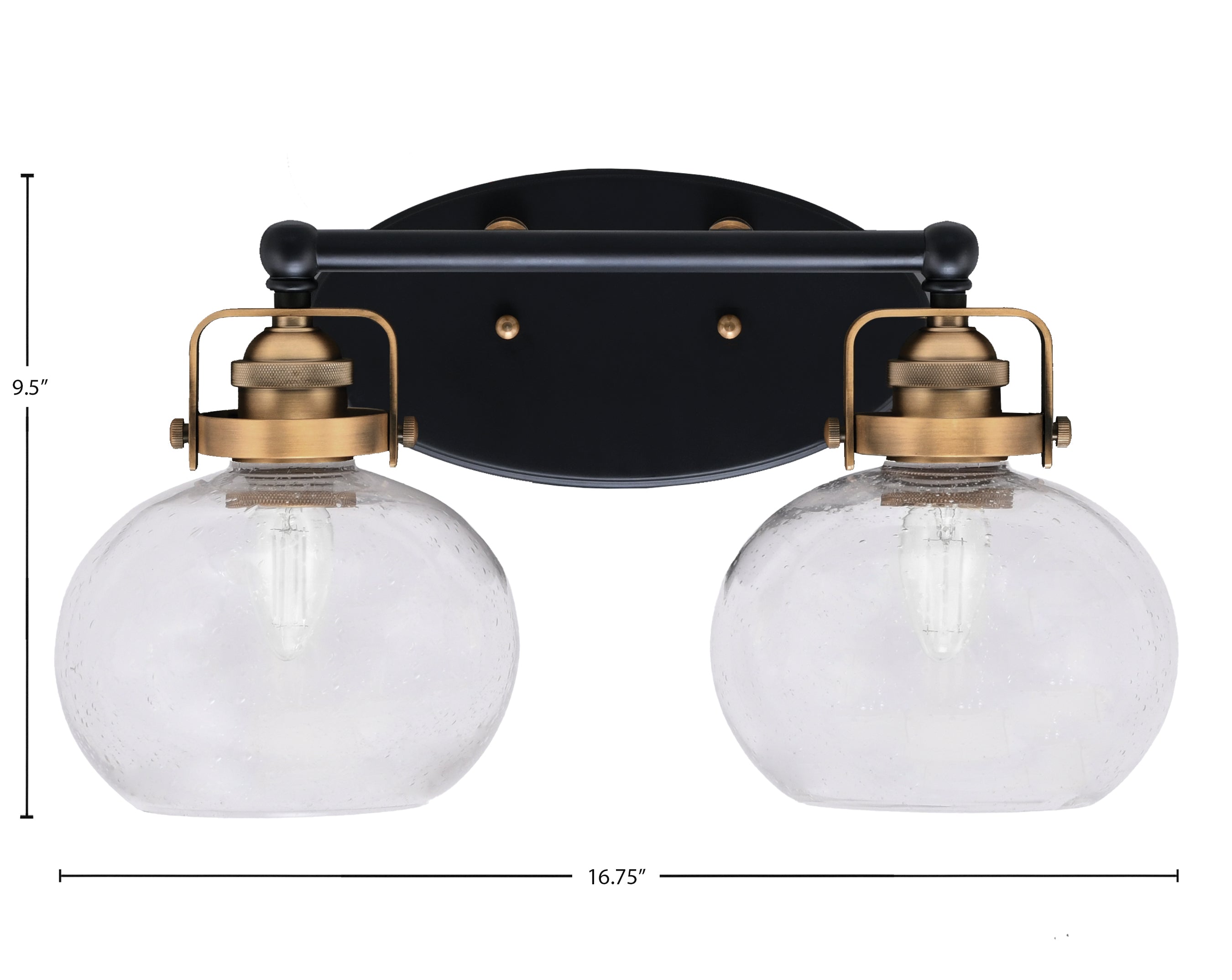 Easton Two Light Bath Bar in Matte Black & Brass with 7" Clear Bubble Shade