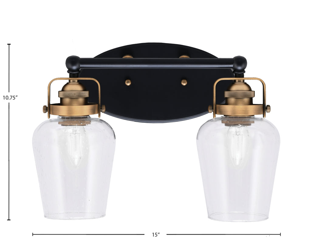 Easton Two Light Bath Bar in Matte Black & Brass with 5" Clear Bubble Shade