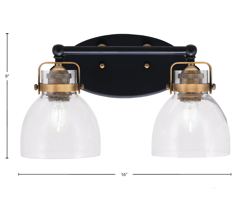 Easton Two Light Bath Bar in Matte Black & Brass with 6" Clear Bubble Shade