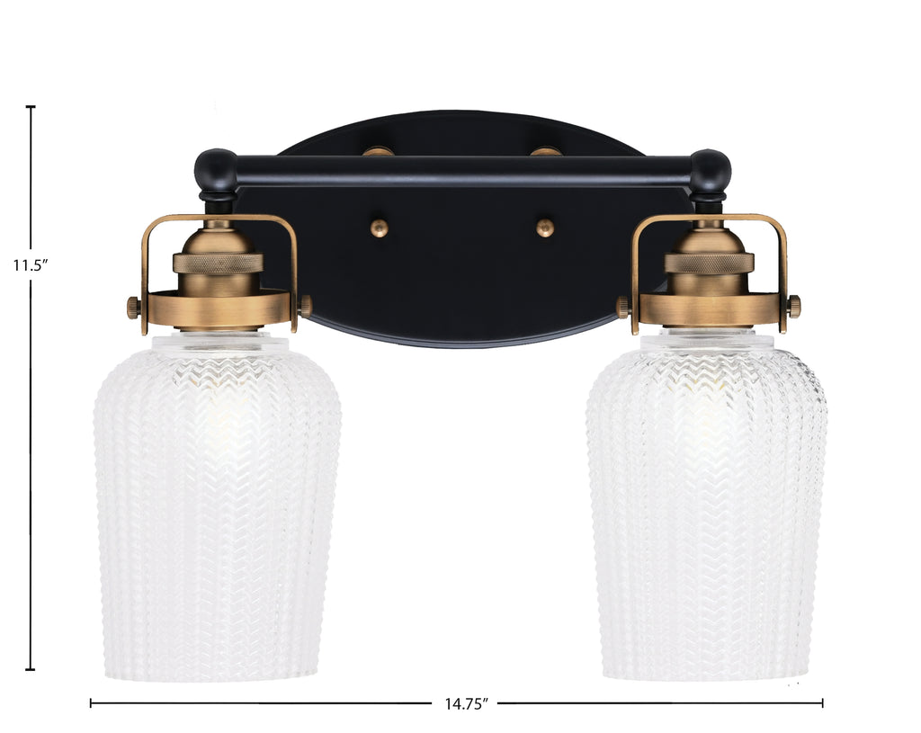 Easton Two Light Bath Bar in Matte Black & Brass with 5" Clear Textured Shade