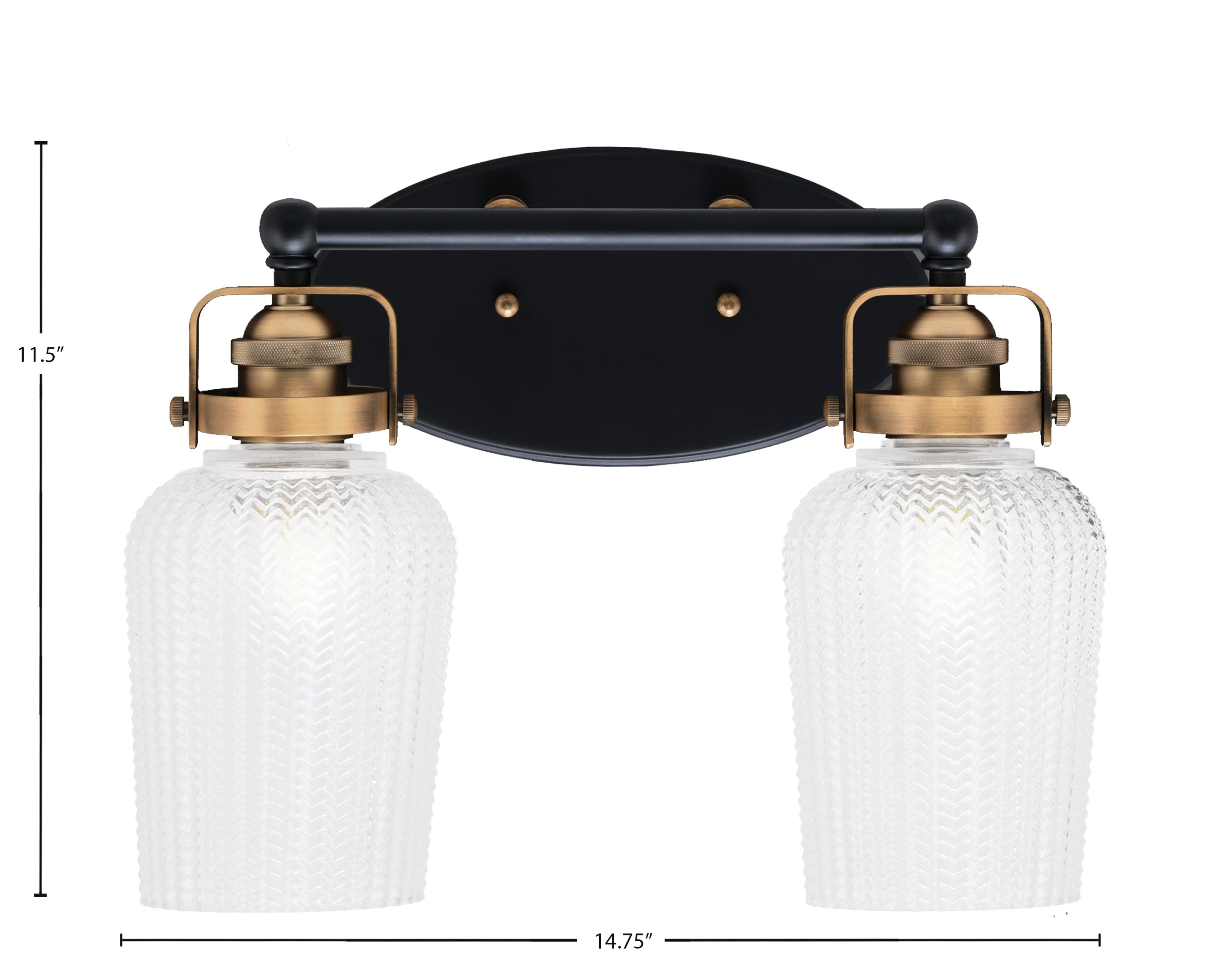 Easton Two Light Bath Bar in Matte Black & Brass with 5" Clear Textured Shade