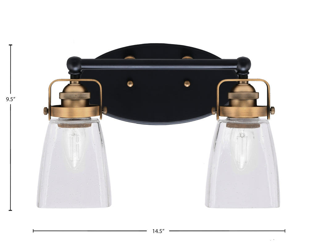 Easton Two Light Bath Bar in Matte Black & Brass with 4.5" Square Clear Bubble Shade