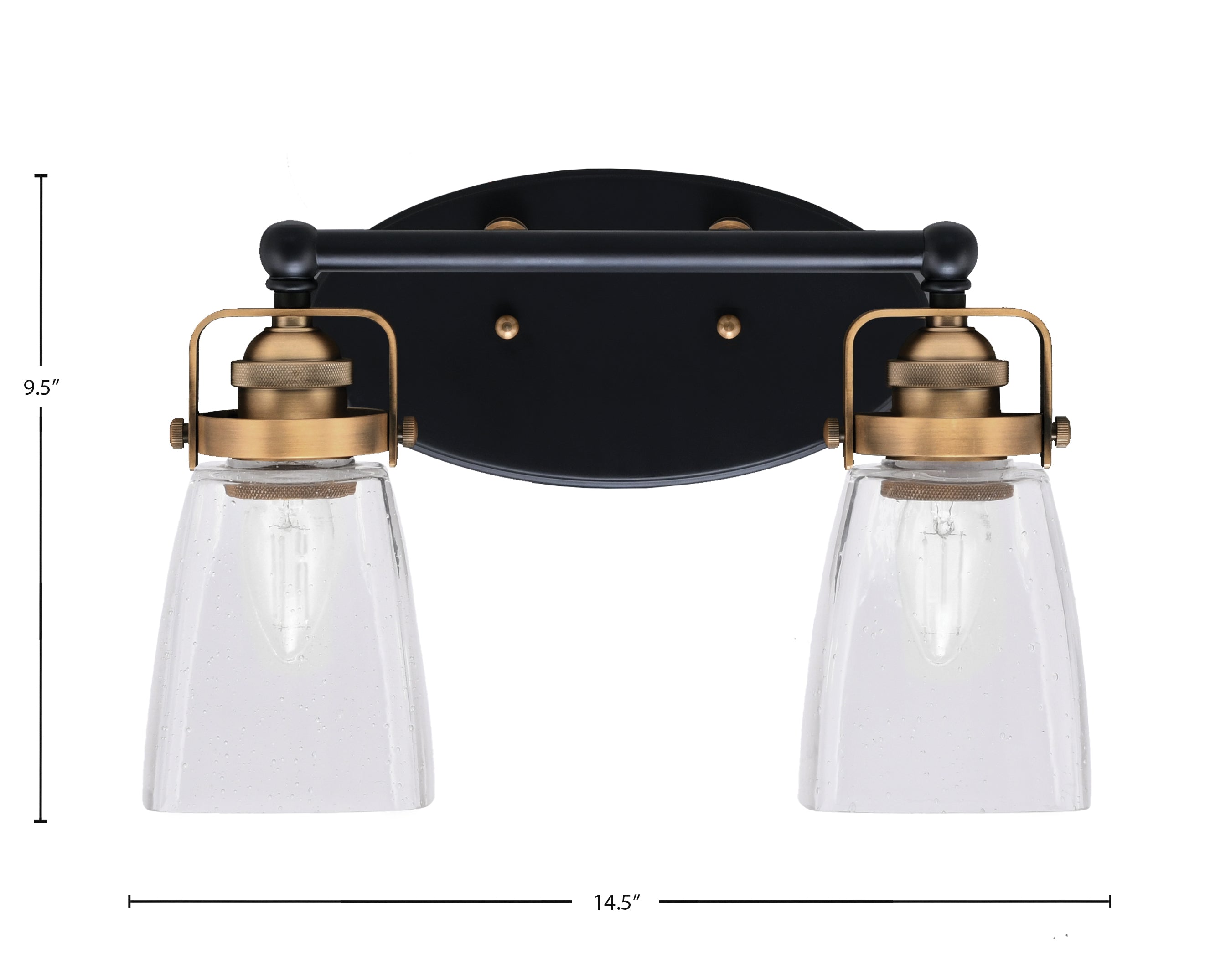 Easton Two Light Bath Bar in Matte Black & Brass with 4.5" Square Clear Bubble Shade