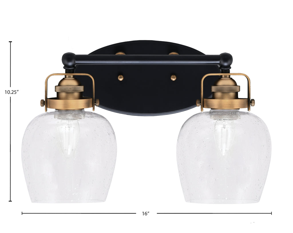 Easton Two Light Bath Bar in Matte Black & Brass with 6" Clear Bubble Shade