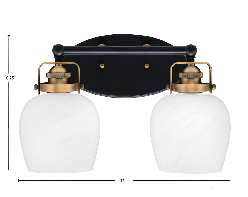 Easton Two Light Bath Bar in Matte Black & Brass with 6" White Marble Shade