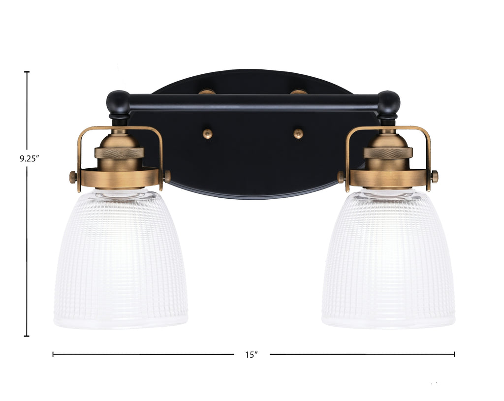 Easton Two Light Bath Bar in Matte Black & Brass with 5" Clear Ribbed Shade