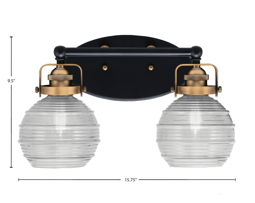 Easton Two Light Bath Bar in Matte Black & Brass with 6" Clear Ribbed Shade