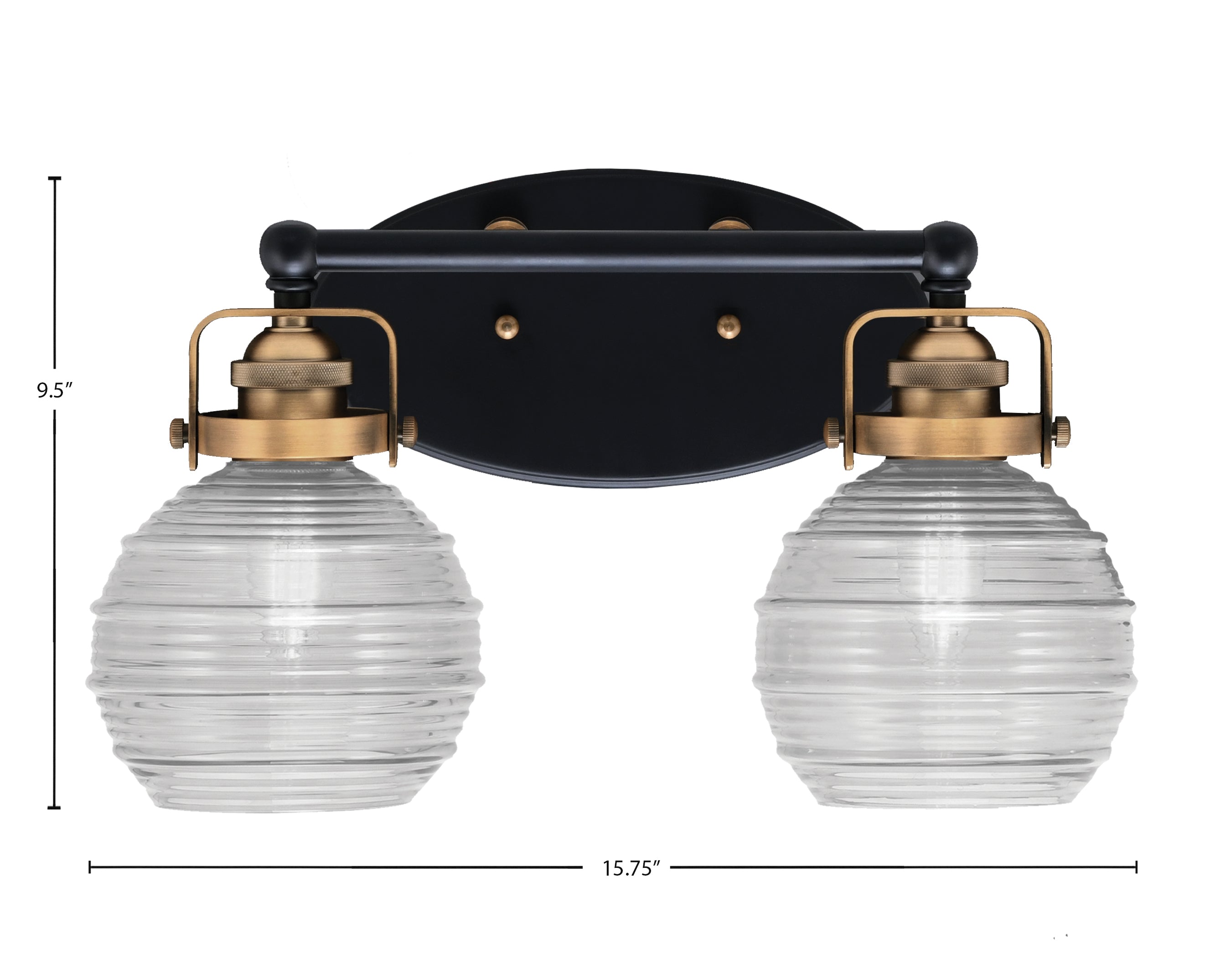 Easton Two Light Bath Bar in Matte Black & Brass with 6" Clear Ribbed Shade