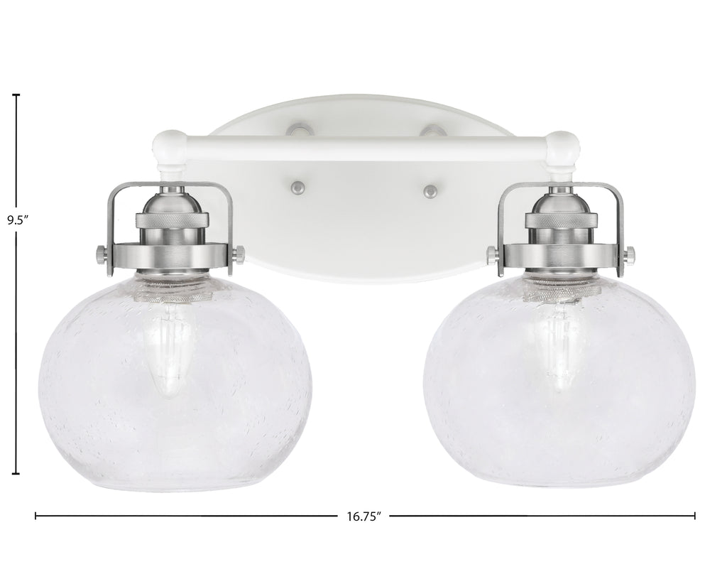 Easton Two Light Bath Bar in White & Brushed Nickel with 7" Clear Bubble Shade