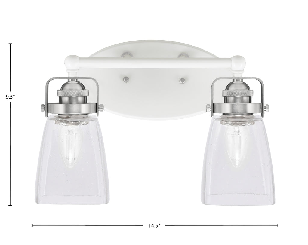 Easton Two Light Bath Bar in White & Brushed Nickel with 4.5" Square Clear Bubble Shade